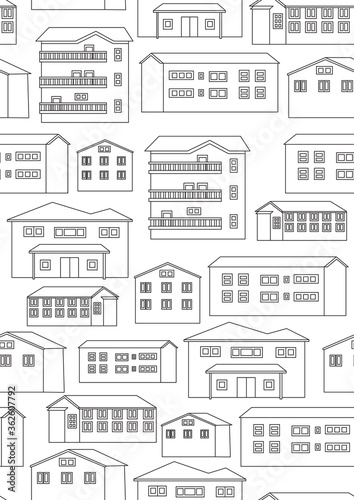 Seamless pattern with houses  balconies as background or texture  outline or linear vector stock illustration with colorless architecture as anti stress coloring book
