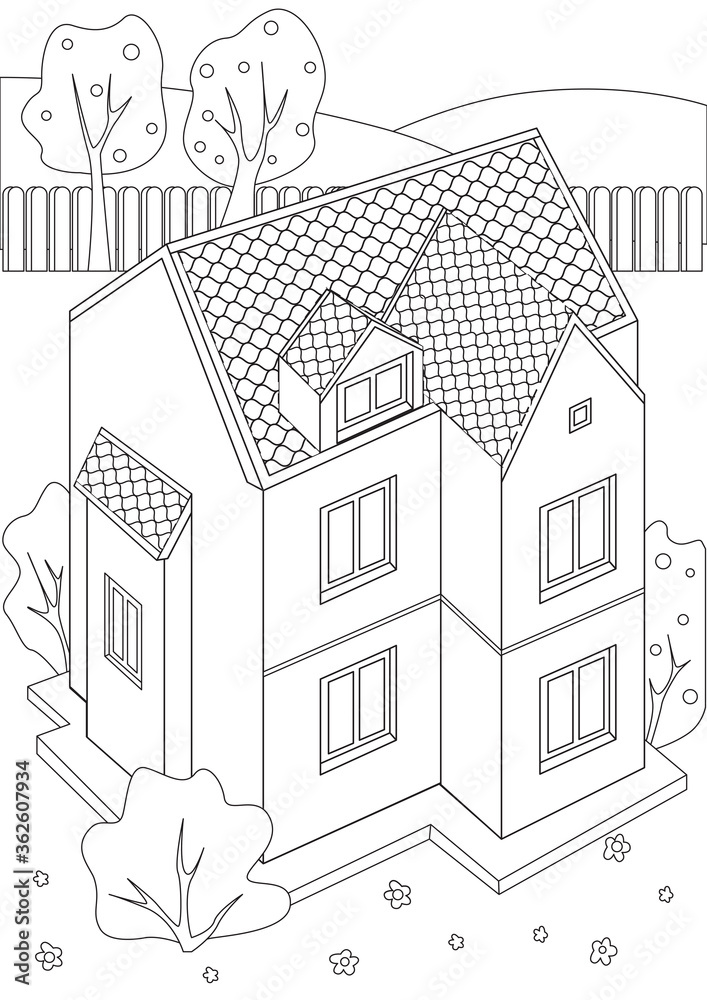 Coloring page with cottage, outline vector stock illustration with colorless architecture of a house in the village as anti-stress therapy for adults