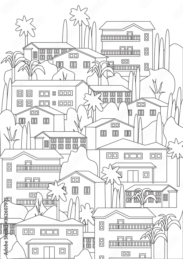 Coloring page with tropical village and palm trees, outline vector stock illustration with colorless architecture
