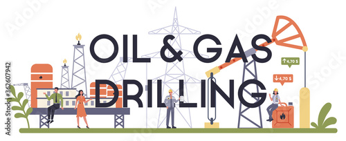 Oil and gas industry typographic header concept. Fuel factory, barrel