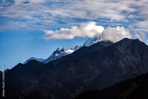 View of beautiful Panchchuli Peaks of the Great Himalayas as seen from Munsiyari, Uttarakhand, India. © artqu