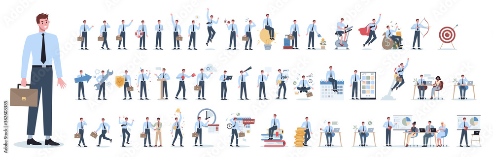 Businessman character set. Poses and meeting, data and hero. Businessman character set. Poses and meeting, data and hero.