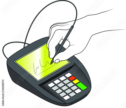 A point of sale pin pad / terminal with a signature screen and attached stylus; with hand signing on the screen.