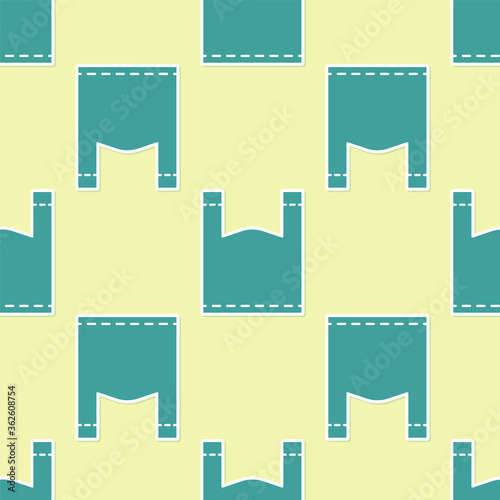 Green Plastic bag icon isolated seamless pattern on yellow background. Disposable cellophane and polythene package prohibition sign. Vector Illustration.