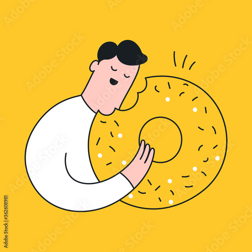 Man is eating a donut, perks concept. Encouragement, promotion or stimulation, user benefit, break time icon concept. Cute cartoon linear design style, flat isolated vector illustration on yellow