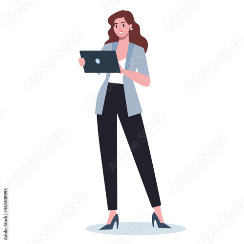 Business woman with gadget. Female character in suit holding tablet.