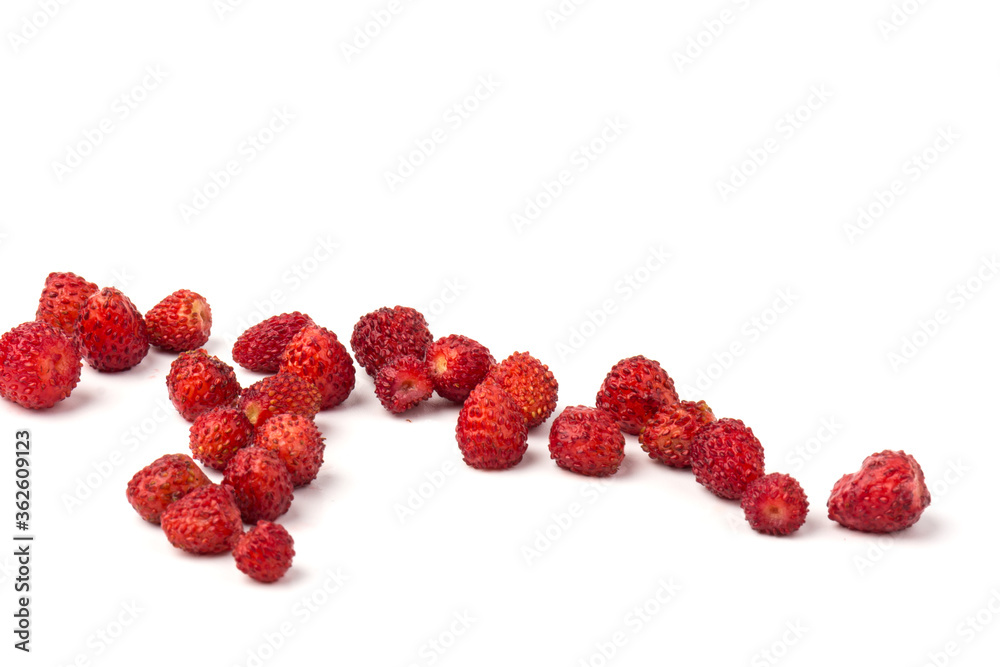 Macro view wild strawberry on white background. Forest red berries Macro view wild strawberry on white background. Forest red berries