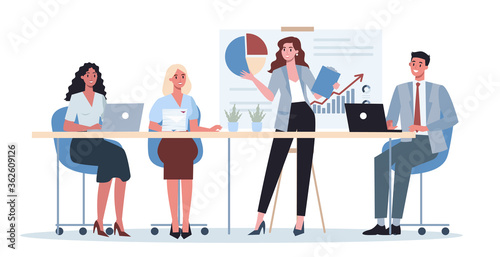Business character making presentation in front of group of co-worker.