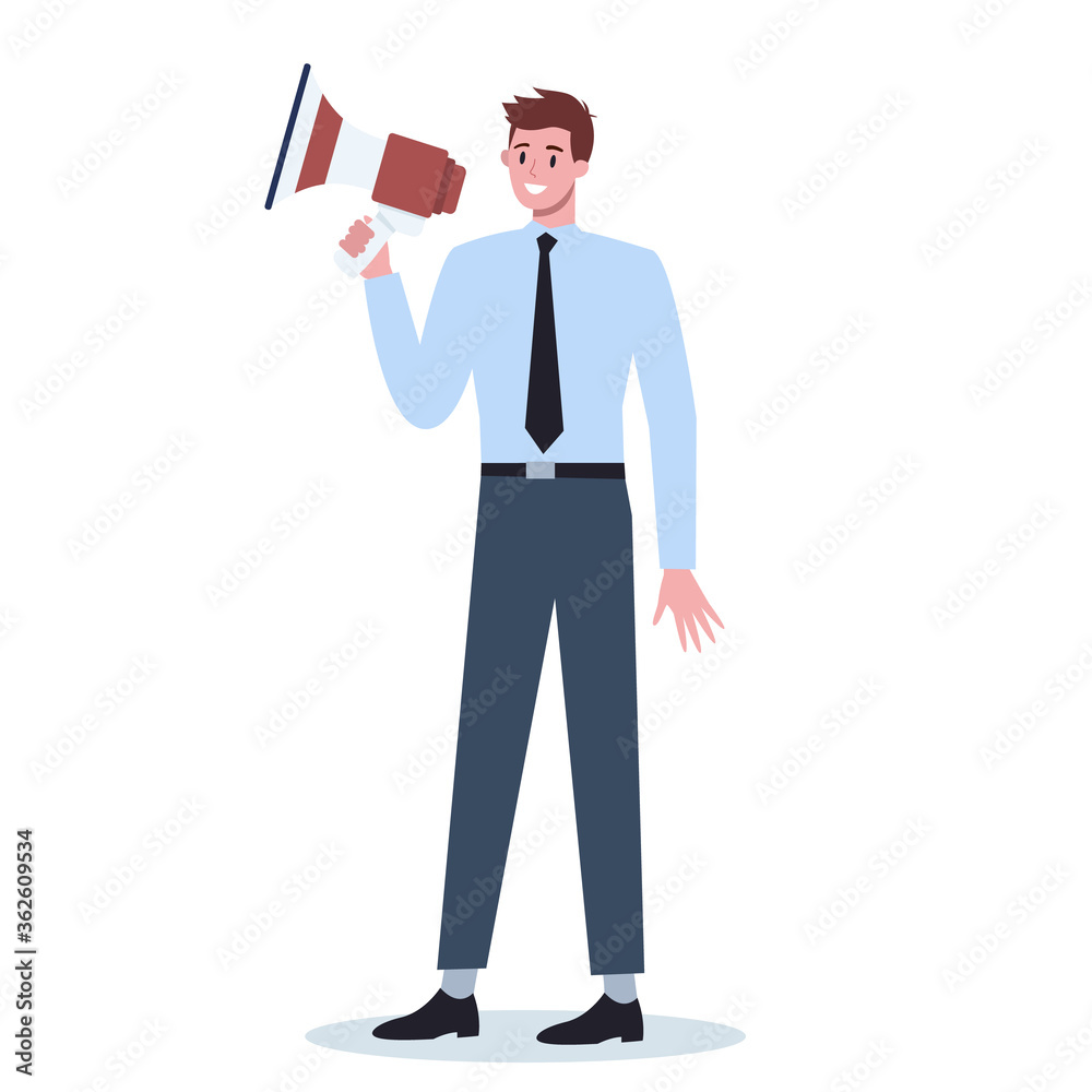 Business character standing with megaphone. Making special Business character standing with megaphone. Making special