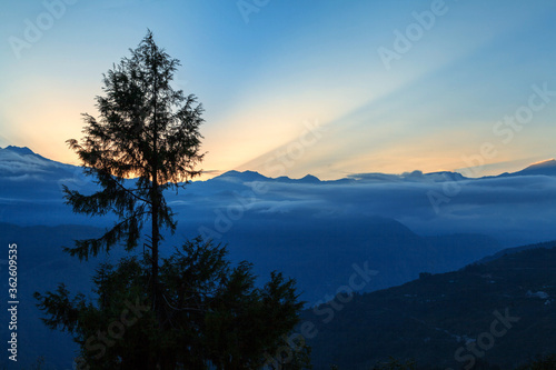 View of Panchachauli peaks of the Great Himalayas as seen from Munsiyari, Uttarakhand, India.