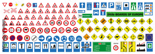 Vector european road signs with details. Danger signs prohibiting warnings.