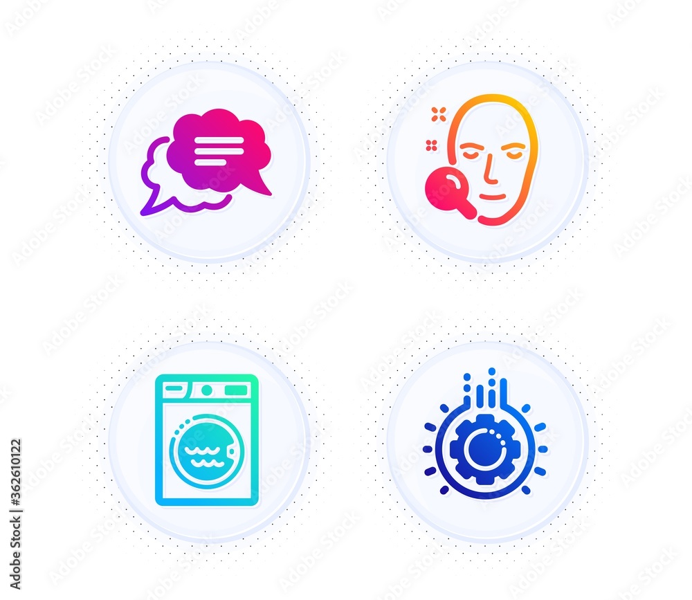 Face search, Text message and Laundry icons simple set. Button with halftone dots. Gear sign. Find user, Chat bubble, Washing machine. Work process. Technology set. Vector