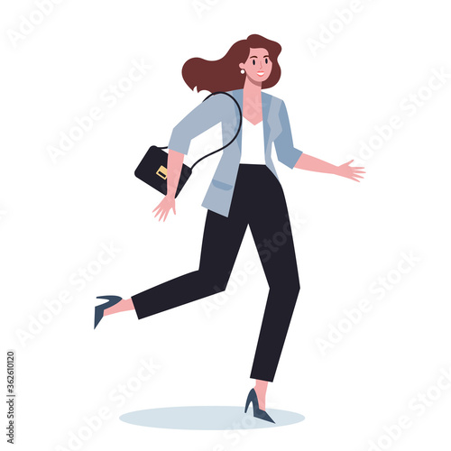 Business character with briefcase running. Business woman rushing i