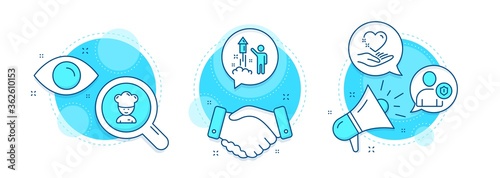 Security, Cooking chef and Hold heart line icons set. Handshake deal, research and promotion complex icons. Fireworks sign. Person protection, Sous-chef, Care love. Party pyrotechnic. Vector
