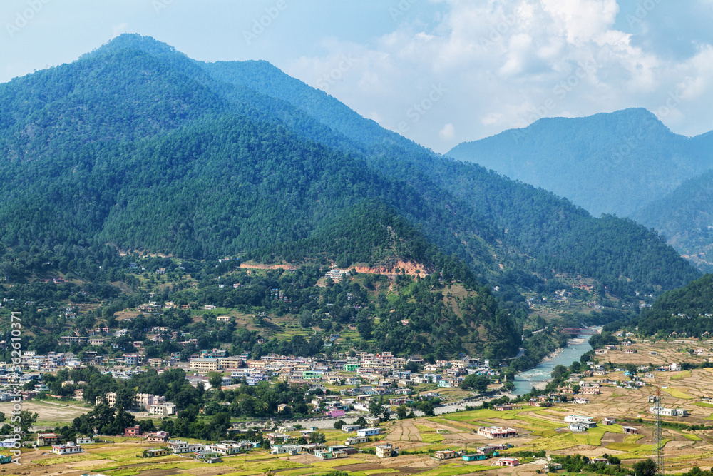 Beautiful view of Bageshwar town in Himalaya Range, Uttarakhand, India.
