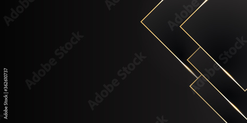 Elegant black luxury background. Black leather textured with gold metal details. Modern vector design template.