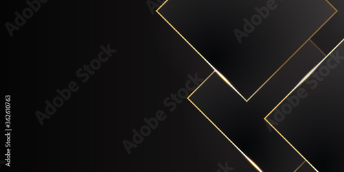 Elegant black luxury background. Black leather textured with gold metal details. Modern vector design template.
