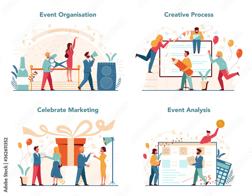 Event manager or service concept set. Celebration or meeting