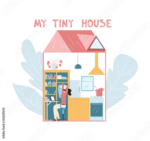 Vector flat illustration tiny, compact house, its interior with resident. Woman is working on laptop. You can use it in banners, posters, landing pages, web design, etc.
