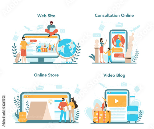 Travel agency online service or platform set. Office worker selling tour,
