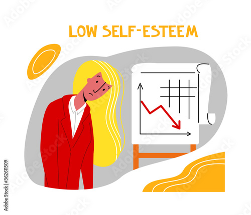 Vector flat illustration young woman with reduced self confidence, low self esteem. Concept symptoms of depression, apathy. You can use it in landing pages, banners, etc. 