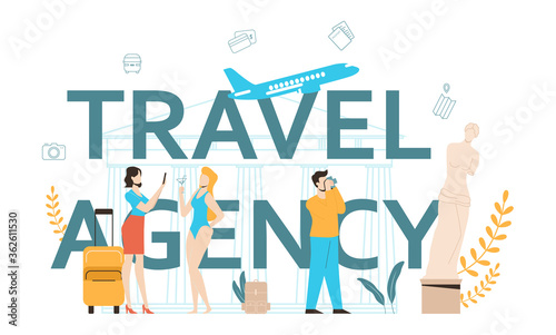 Travel agency typographic header concept. Office worker selling tour