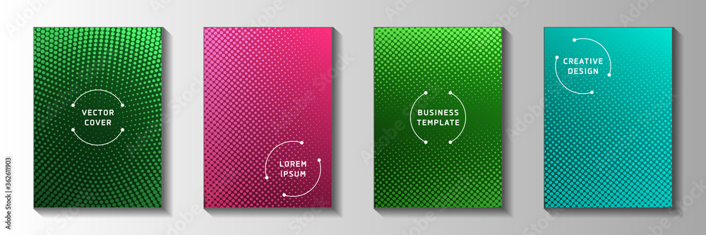 Fototapeta premium Minimal point faded screen tone front page templates vector batch. Urban booklet perforated screen 