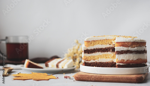 Striped homemade cake with ricotta creme on a light background