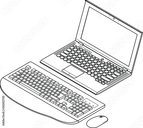Line-art detailed isometric drawing of a medium laptop computer. With an external wireless full size keyboard (European layout) and mouse.