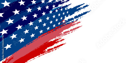 Independence day horizontal panoramic banner with American flag and fireworks on night starry sky background