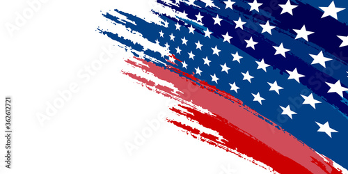 Independence day horizontal panoramic banner with American flag and fireworks on night starry sky background