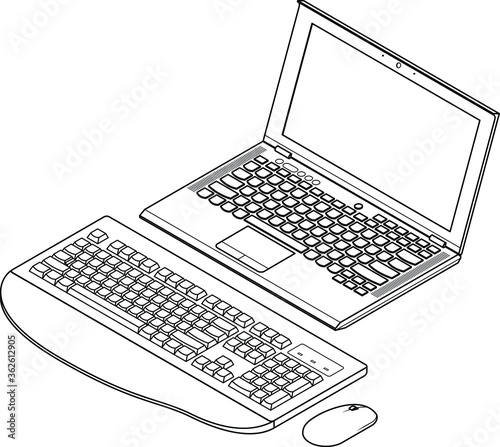 Line-art detailed isometric drawing of a medium laptop computer. With an external wireless full size keyboard and mouse.
