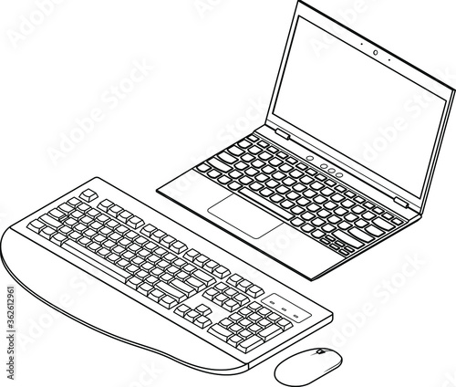 Line-art detailed isometric drawing of a small laptop computer. With an external wireless full size keyboard and mouse.