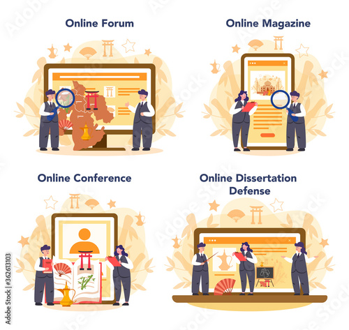 Orientalist online service or platform set. Professonal scientist studying