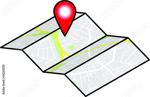 An unfolded paper street map with a single red pin.