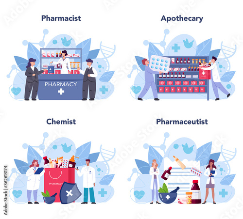 Pharmacist concept set. Medication and health treatment concept.