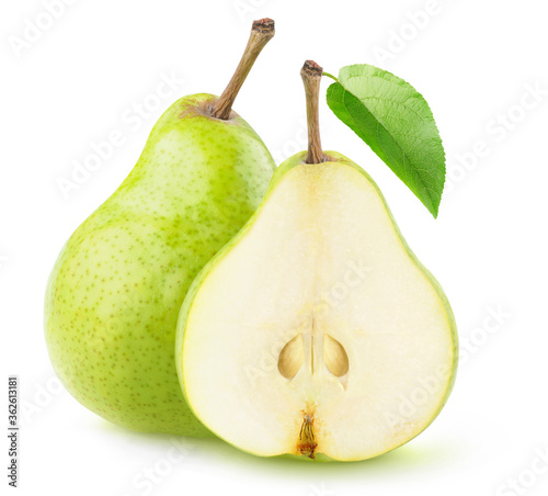 Isolated cut pears. One whole green pear and a half isolated on white background