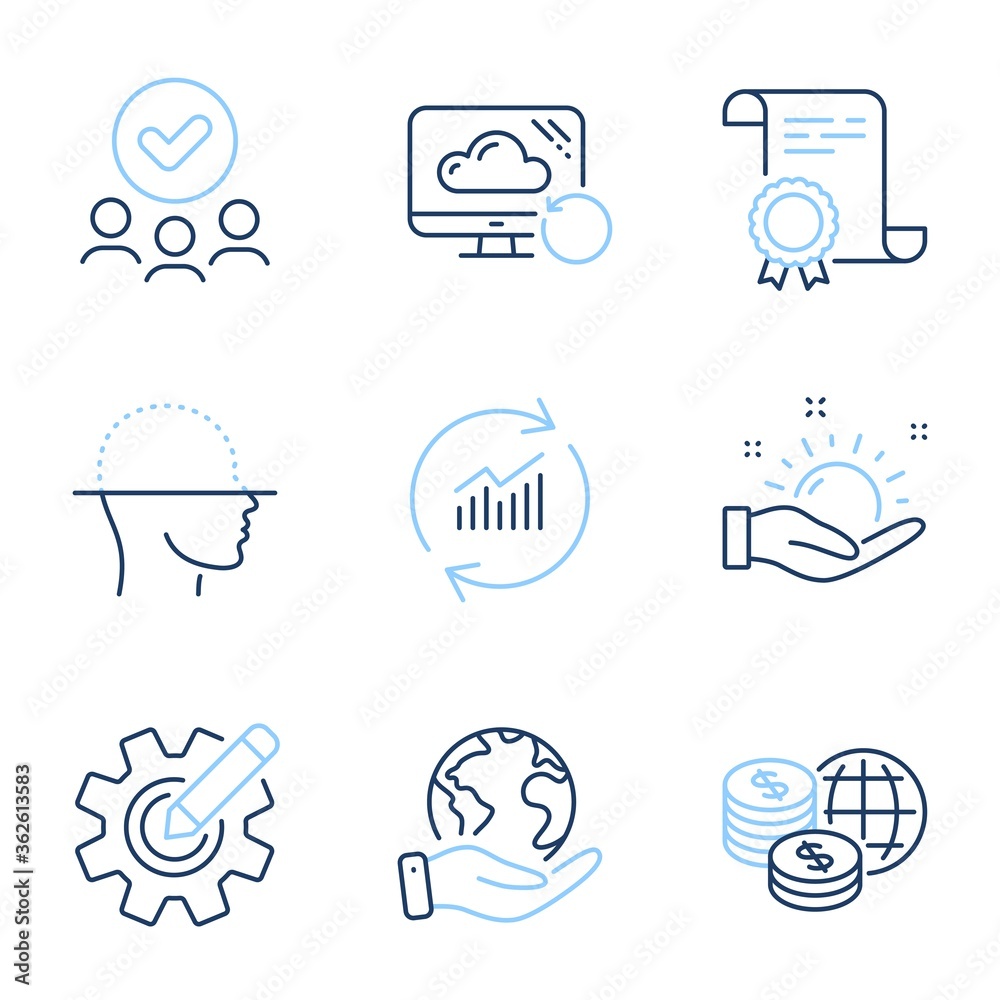 Face scanning, Update data and World money line icons set. Diploma certificate, save planet, group of people. Cogwheel, Recovery cloud and Sunny weather signs. Vector Face scanning, Update data and World money line icons set. Diploma certificate, save planet, group of people. Cogwheel, Recovery cloud and Sunny weather signs. Vector