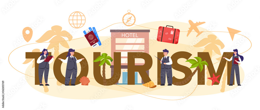 Tourism typographic header concept. Office worker selling Tourism typographic header concept. Office worker selling