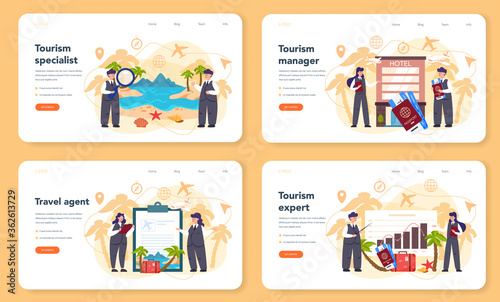 Travel agent web banner or landing page set. Office worker selling