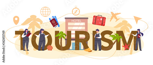 Tourism typographic header concept. Office worker selling