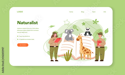 Zoologist web banner or landing page. Scientist exploring and studying