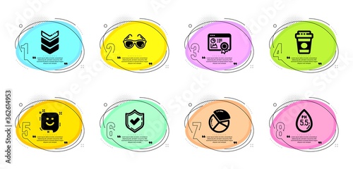 Confirmed, Seo certificate and Ph neutral signs. Timeline infographic. Shoulder strap, Smile and Pie chart line icons set. Takeaway coffee, Sunglasses symbols. Army rank, Positive feedback. Vector