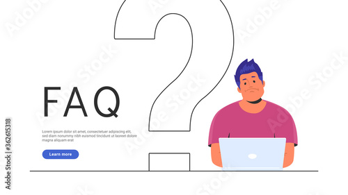 Upset and bored teenager sitting with laptop and big question symbol behind. Flat vector illustration of student needs a professional help or community faq. Young man waiting hepldesk service