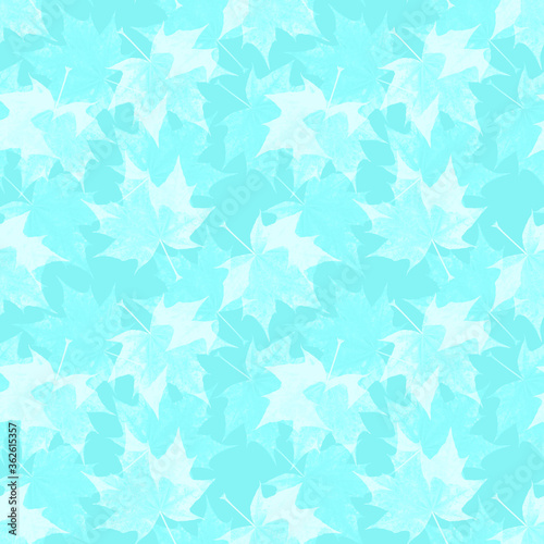 Seamless autmn pattern with maple leaves in gentle pastel colors on a blue background.