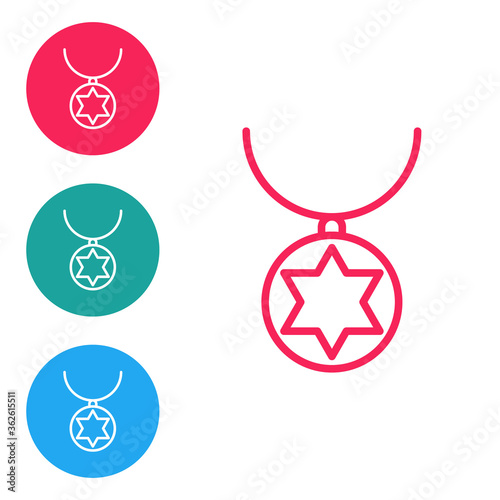 Red line Star of David necklace on chain icon isolated on white background. Jewish religion. Symbol of Israel. Jewellery and accessory. Set icons in circle buttons. Vector Illustration.