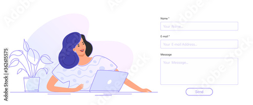 Contact and feedback blank form. Flat smiling woman sitting with laptop and looking at contact empty form on a website. Sending a message via feedback form template design on white background