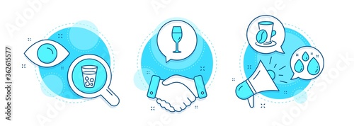 Water drop, Coffee cup and Wineglass line icons set. Handshake deal, research and promotion complex icons. Ice tea sign. Aqua, Latte drink, Burgundy glass. Soda beverage. Food and drink set. Vector