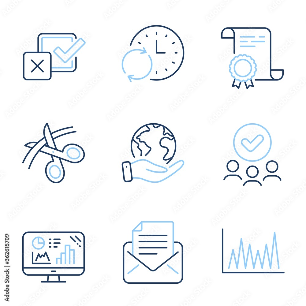 Fototapeta premium Mail correspondence, Analytics graph and Line graph line icons set. Diploma certificate, save planet, group of people. Checkbox, Scissors and Update time signs. Vector