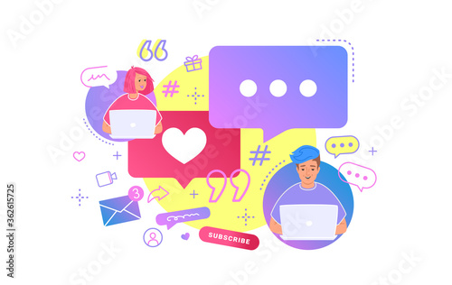 Young couple chatting together in social media using laptop at work desk. Flat bright vector illustration of online chat, hashtag repost and watching mobile video. People with speech bubbles on white